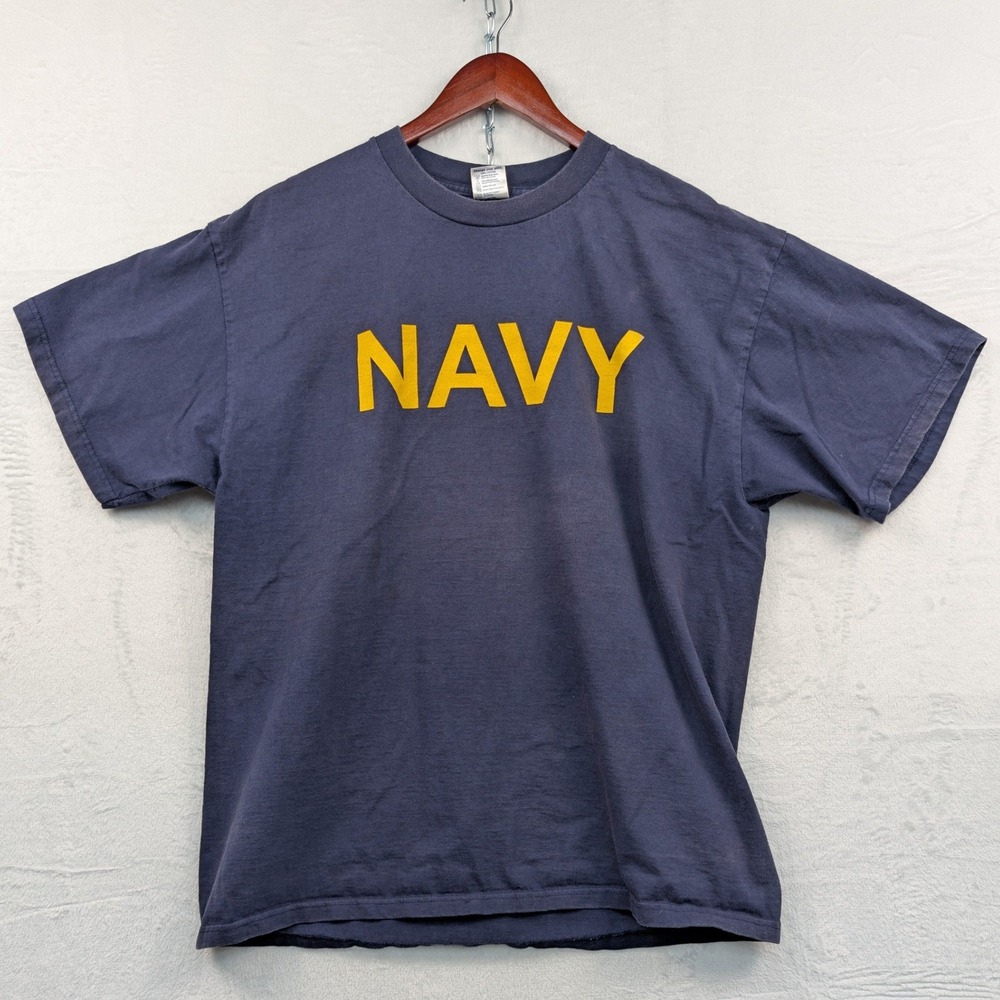 VTG US NAVY T-Shirt Men's XL Blue Yellow Spellout Military Naval Academy Y2K